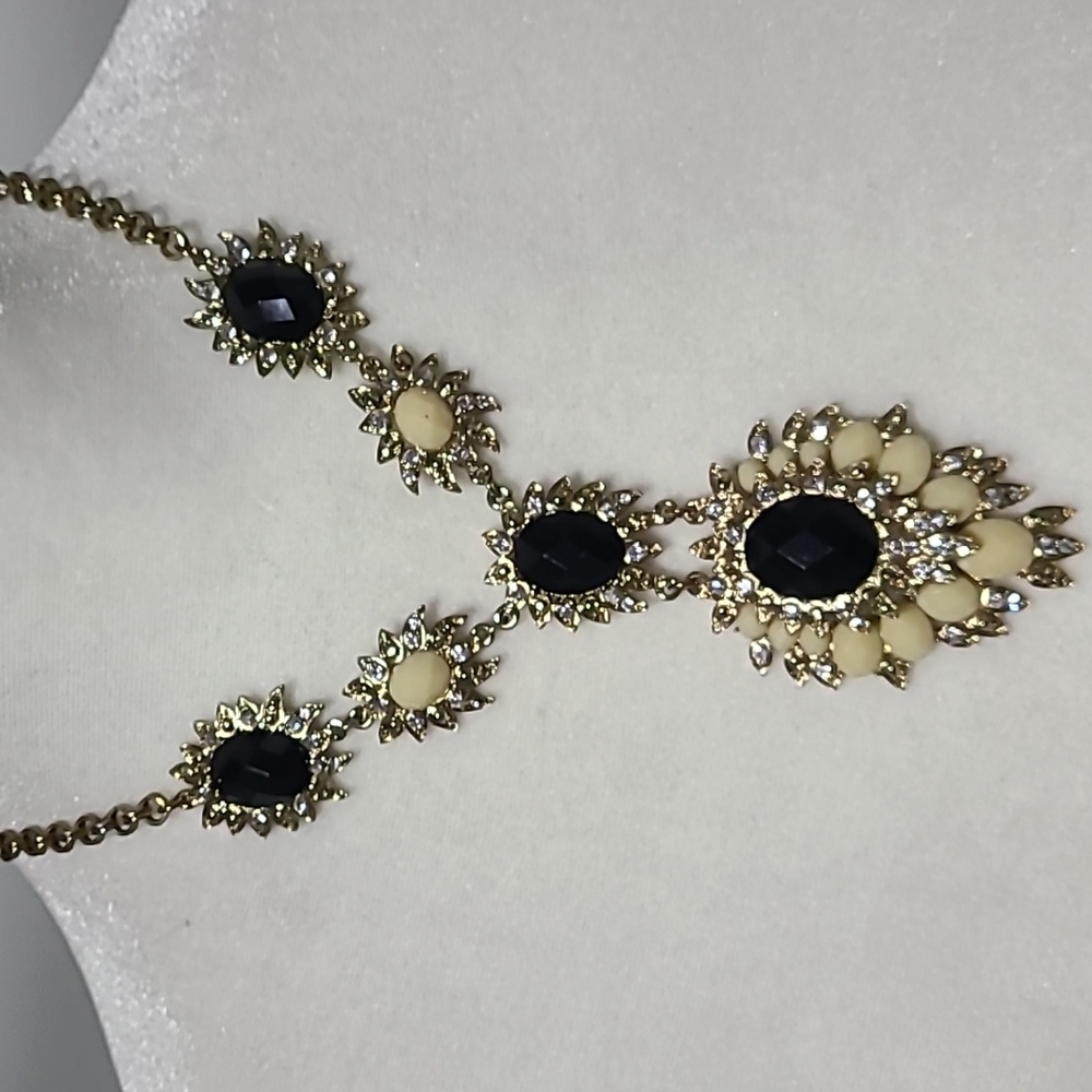 Last chance VINTAGE Statement Necklace Cream Black & faux Diamonds Gold Hardware